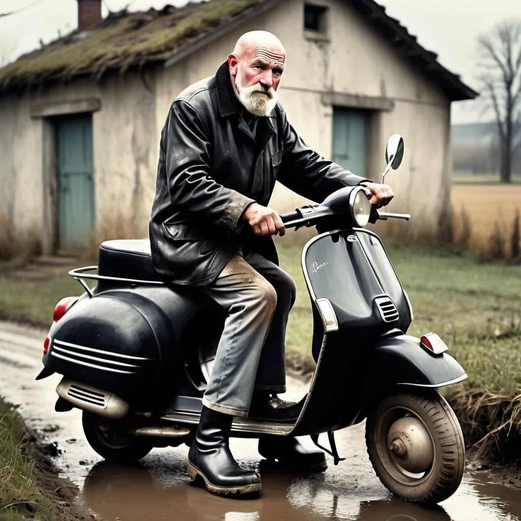 Prompt: (old farmer), (bearded, bald head), (frustrated expression), dirty black rubber boots, worn-out black rubber coat, attempting to start old grey Vespa, gritty countryside background, distressed atmosphere, soft muted colors, high detail, emotional depth, rural setting, (ultra-detailed)