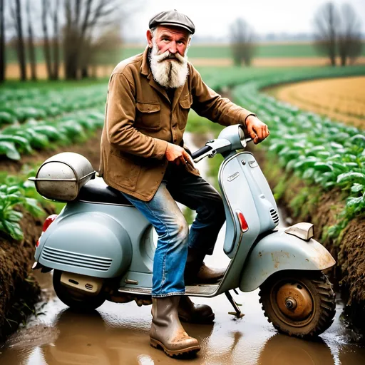 Prompt: bearded farmer with dirty, high rubber boots. he tries to start his old, grey vespa. the vespa doesn't start and he makes a sour face