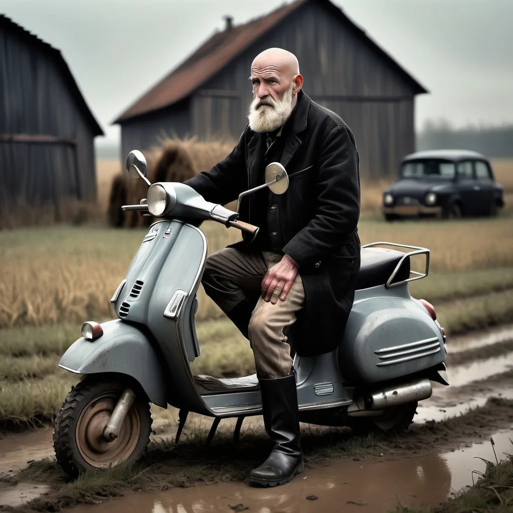 Prompt: (old farmer with beard and bald head), pushing old grey Vespa, (dirty black rubber boots), (dirty black rubber coat), (gritty rural setting), muted earthy tones, (dramatic and melancholic atmosphere), soft natural lighting, expansive field in the background, weathered barn structures, high-detail expression depicting frustration, (4K quality), capturing the essence of hardworking struggle in rustic life.