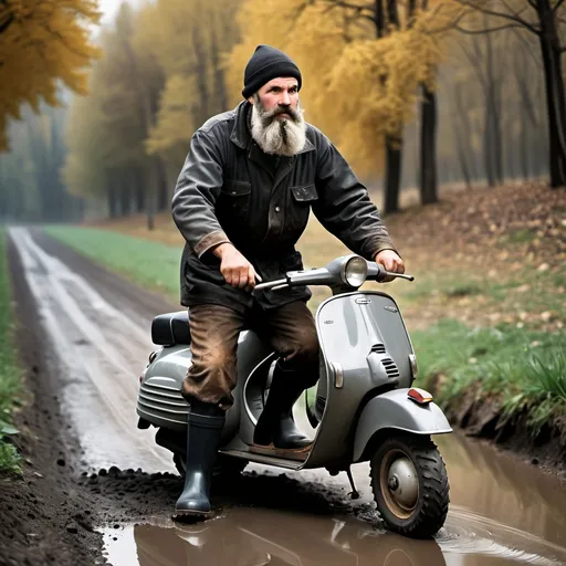 Prompt: bearded farmer with dirty, black rubber boots and black rubber mantle. he pushes his old, grey Vespa. He grumbles