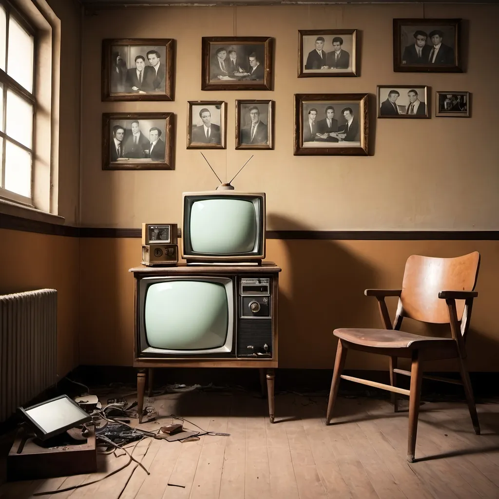 Prompt: Investigation room vintage with old tv and old vintage board for photo