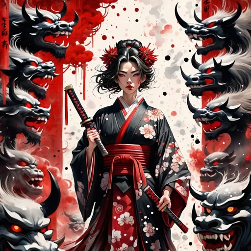 Prompt: digital watercolor painting, a woman wearing an intricate kimono, paint splatter, black and red, bold brush strokes, art nouveau a samurai holding his magical katana standing in front of a horde of oni demons
