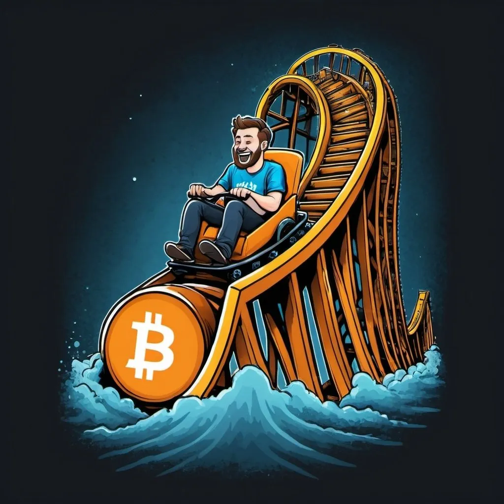 Prompt: i need a crypto themed t-shirt design with the words "My bank account is on a crypto roller coaster. All dips,no rides