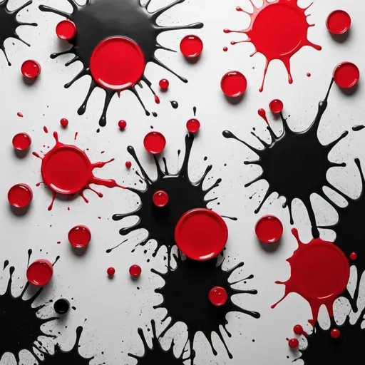 Prompt: splashes of red on a black and white backdrop