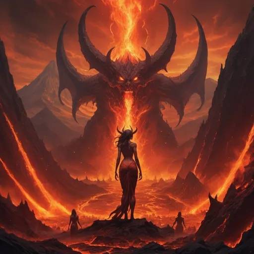 Prompt: Female demons surrounded by pits of lava, flames shooting up in the air, towering mountains in the background, high quality, digital art, fiery color tones, dramatic lighting, detailed demonic features, intense and chaotic atmosphere