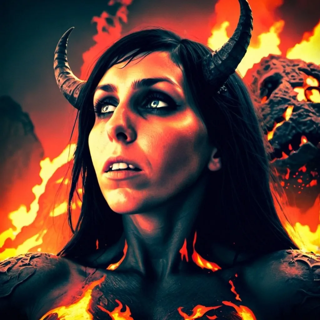 Prompt: Female demons surrounded by pits of lava, flames shooting up in the air, towering mountains in the background, high quality, digital art, fiery color tones, dramatic lighting, detailed demonic features, intense and chaotic atmosphere