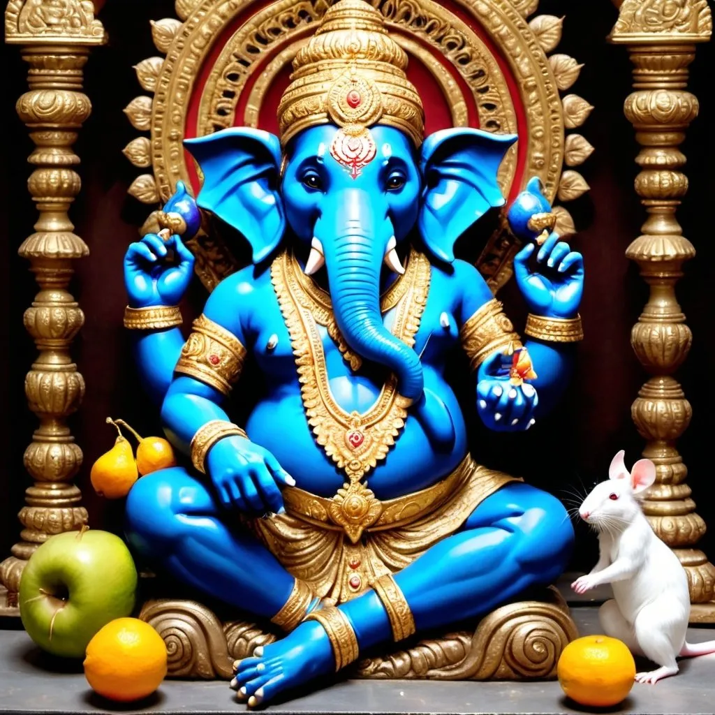 Prompt: Blue Ganesh India  god intricate  with gold dress,  white rat sit nearby, sit in temple and palace, fruits are placed and offered  before him