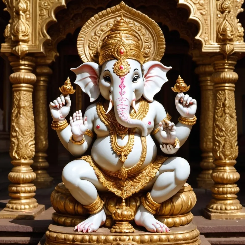 Prompt: Ganesh India  god intricate  with gold dress,  white rat sit nearby, sit in temple and palace
