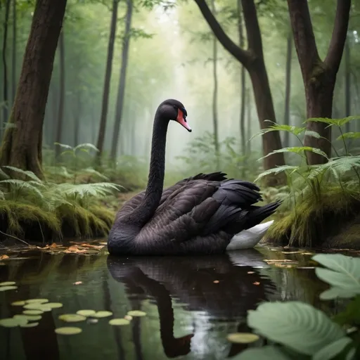 Prompt: Black swan in the natural forest different leaves colors , monk is meditating nearby