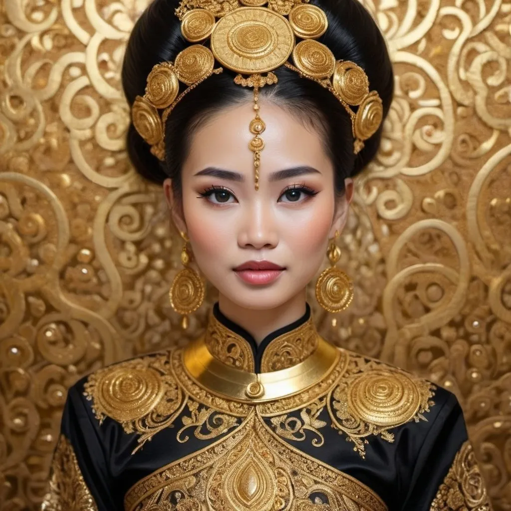 Prompt: Thai Lady in traditional costume, decorate, intricated with gold embroidery , Gustav Klimt inspired
