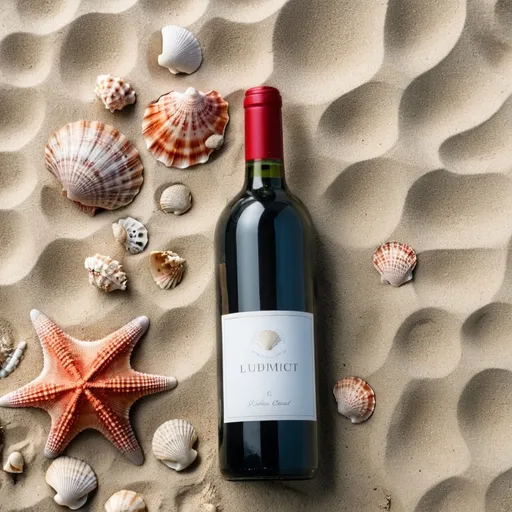 Prompt: TOP DOWN SHOT OF A stunning clean beach, with seashells and coral. A bottle of wine in the sand lying down with the label facing upways. Add to empty wine glasses 