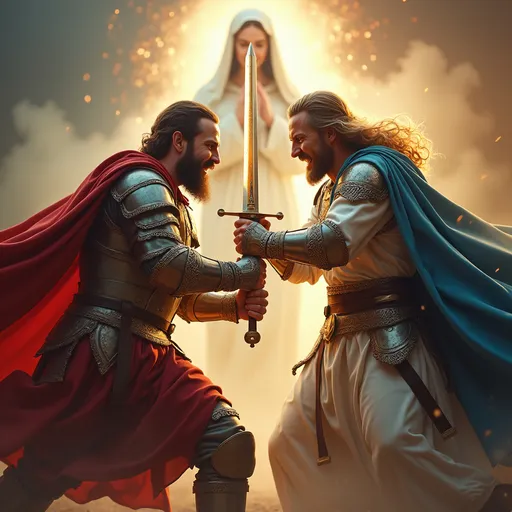 Prompt: (aggressive warrior), historically accurate dress, detailed armor, strong stance, (dynamic battle pose), ethereal background featuring the mother of Jesus Christ, (vibrant colors), dramatic lighting that highlights the intensity of the duel, rich textures on the armor, ethereal atmosphere radiating spiritual strength, HD, ultra-detailed.