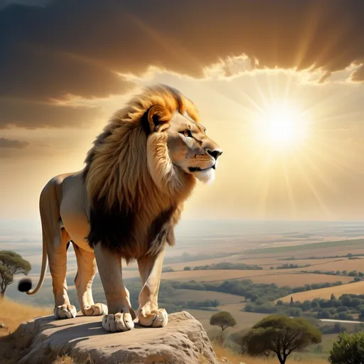 Prompt: Un lion majestueux, fier et puissant, se tient au sommet d'une colline, regardant l'horizon. Son pelage doré brille au soleil, tandis que sa crinière majestueuse flotte doucement dans le vent. Ses yeux, perçants et sages, reflètent une compréhension profonde du monde qui l'entoure. La posture du lion est à la fois imposante et calme, symbolisant sa confiance indéfectible et son autorité naturelle. En arrière-plan, une savane étendue s'étend à perte de vue, avec des acacias et un ciel aux teintes dorées du coucher de soleil, ajoutant à la grandeur de cette scène.