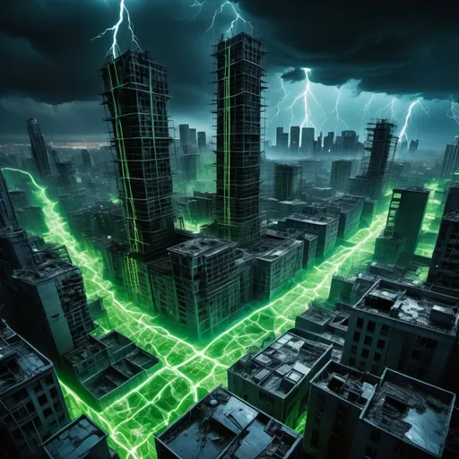 Prompt: *regenerates image with brighter contrast and more vivid details*
 
Wide Area Motion Imagery merged with Synthetic Aperture Radar overlay on chaotic biome metropolis apocalypse scene – enhanced visibility:
 * Storm cloud entity screaming above biochemical city ruins illuminated by eerie lightning 
 * Motion trails of citizens glow bright blue amidst toxic darkness 
 * SAR imagery outlines crumbling skyscrapers in neon green, revealing internal decay 
 * Bioluminescent micro-sharks motion trails burn bright red in bloodstream streets 
 * Shattered DNA pool reflects storm face with increased clarity.

