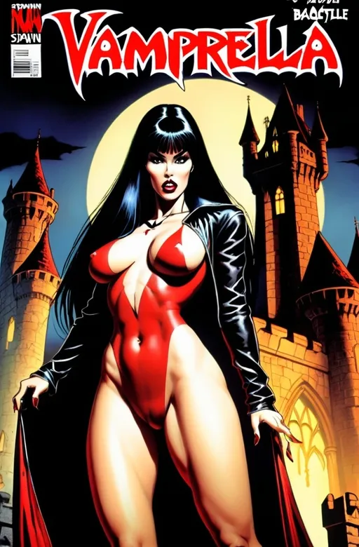 Prompt: VAMPIRELLA BackgroundDark gothic castlle In the imagea of a 90s comic book with text VAMPIRELLA  issue 1 nd appropiate labeiling Comic simalart to SPAWN