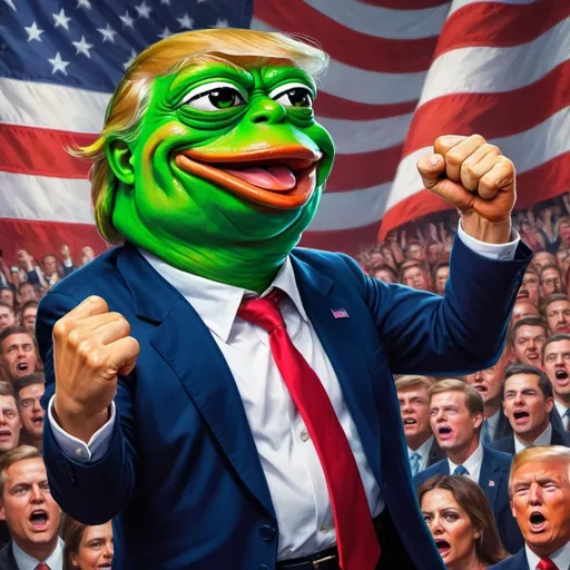 Prompt: PEPE frog Trump fist in the air