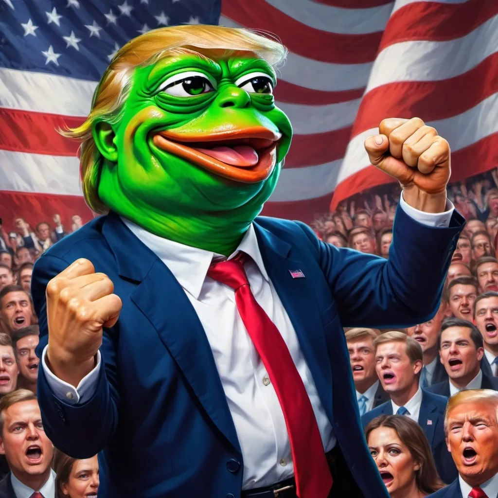 Prompt: PEPE frog Trump fist in the air