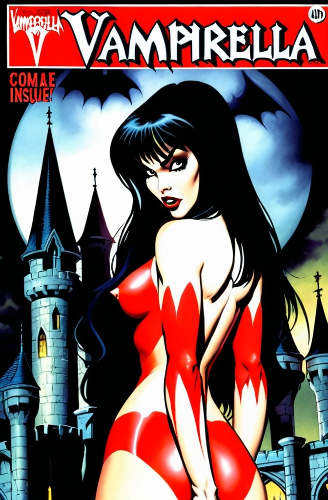 Prompt: VAMPIRELLA BackgroundDark gothic castlle In the imagea of a 90s comic book with text VAMPIRELLA  issue 1 nd appropiate labeiling Comic simalart to SPAWN