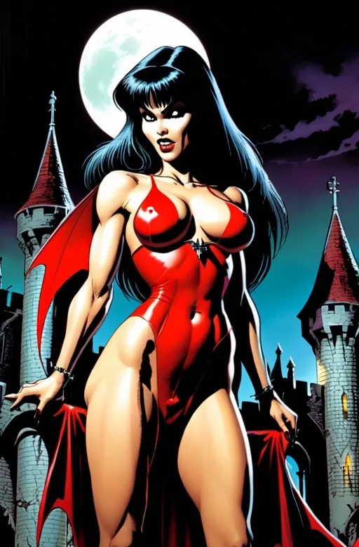 Prompt: VAMPIRELLA BackgroundDark gothic castlle In the imagea of a 90s comic book with text VAMPIRELLA  issue 1 nd appropiate labeiling Comic simalart to SPAWN