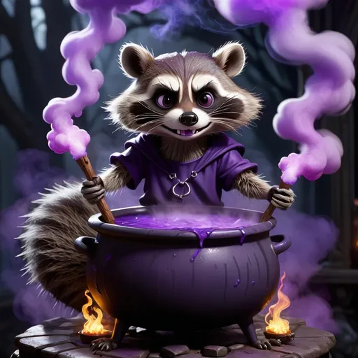 Prompt: Mad raccoon stirring a cauldron with magic potion from which a purple cloud emerges all in a gothic enviropment