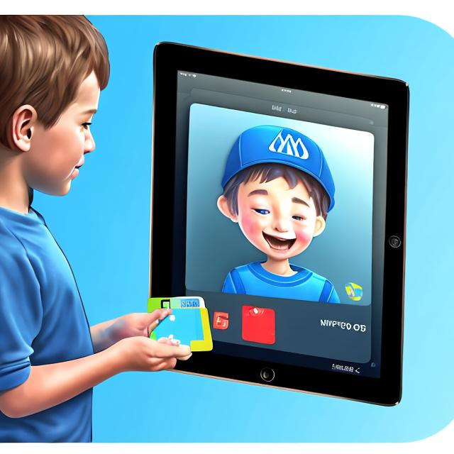 Prompt: Happy child scans NFC card on iPad device and waits for the game to open. illustrator drawing.