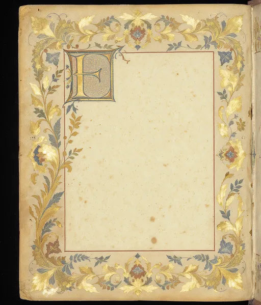 Prompt: Prima pagina di un manoscritto medievale decorata ai bordi con moto oro e una grane “E” decorata con delle foglie e altri ghirigori e i bordi della pagina decorati
