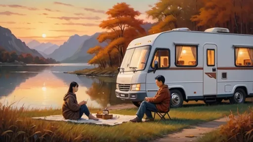 Prompt: Chinese couple relaxing by a motorhome near a serene lake at dusk, warm autumn evening, cozy atmosphere, detailed facial features, oil painting, serene landscape, high quality, warm tones, detailed surroundings, peaceful ambiance,  atmospheric lighting