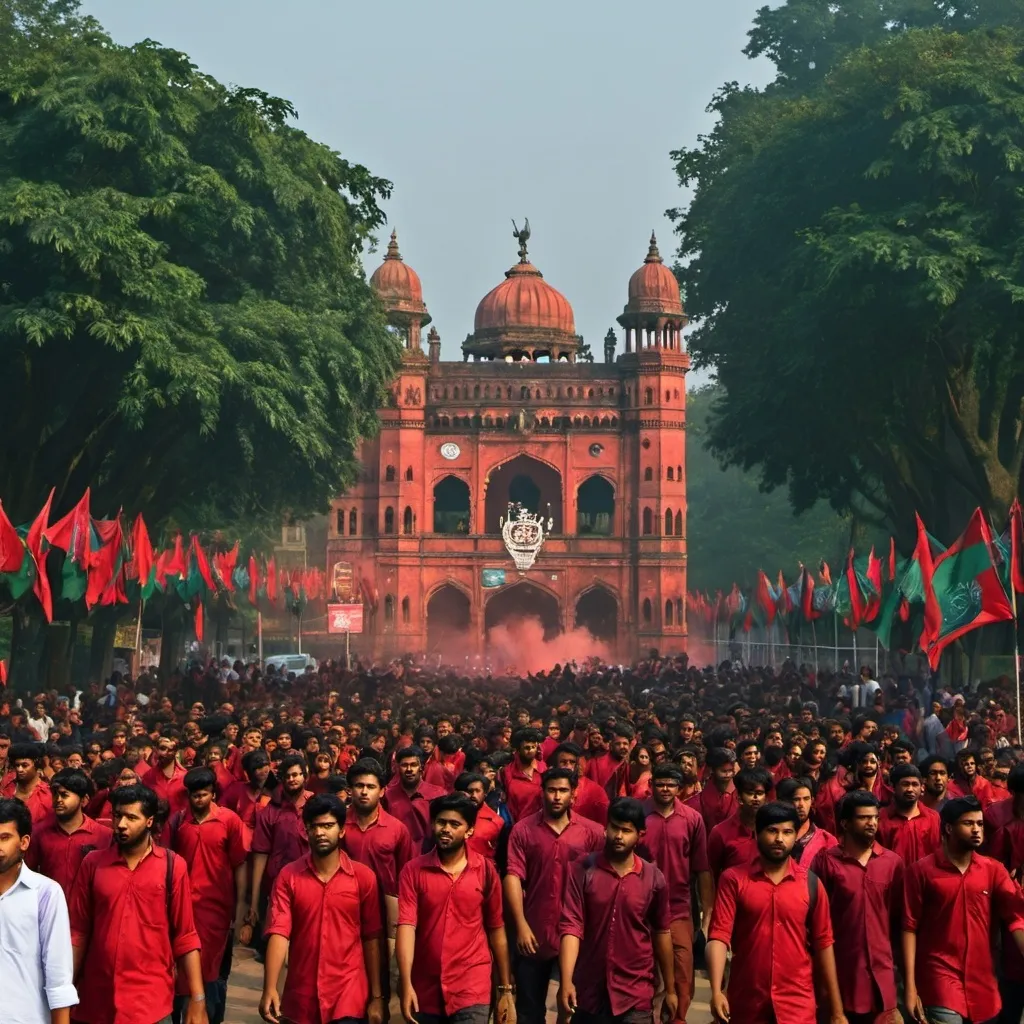 Prompt: The film will have Dhaka University of Bangladesh, streets, blood, processions, students, teachers.