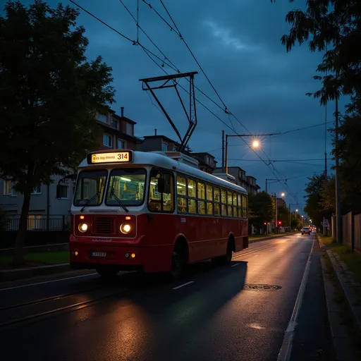 Prompt: A red and white trolleybus, numbered 314, stands parked alongside a road under a darkening sky, suggesting it’s nighttime. The vehicle showcases its overhead wires, essential for its electric operation, while casting subtle reflections on the asphalt. In the background, residential buildings are partially illuminated, hinting at the urban environment surrounding this transit scene. Streetlights emit a soft glow, striking a contrast against the night while the nearby green foliage enhances the composition’s depth. The overall atmosphere conveys a blend of functionality and quiet solitude typical of a late-night public transport setting.