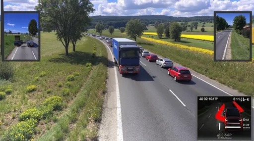 Prompt: A busy road stretches ahead, dominated by a large truck navigating through a line of smaller vehicles, each changing lanes amidst lush green fields dotted with trees. Bright yellow flowers punctuate the landscape, contrasting with the vibrant blue skies scattered with fluffy white clouds, suggesting a sunny day. The composition captures the essence of a bustling travel scene, with the truck and cars framing the road's gentle curves. In the corner, a navigation display indicates ongoing travel details, enhancing the immersive driving experience. This scene conveys a sense of movement and the everyday rhythms of road travel, evoking both tranquility and the hustle of the journey.