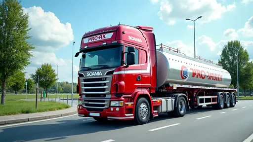 Prompt: A striking red and white Scania R 730 truck stands prominently in a well-maintained urban setting, equipped with a tanker trailer marked with the word "PRO-AK." The truck, nearly facing the viewer, showcases its impressive build and shiny details against a backdrop of lush green trees and a blue sky with scattered clouds. The scene is bathed in natural light, highlighting the vehicle's polished surface, while the road is neatly drawn with clear lane markings, suggesting a semi-urban atmosphere. Surrounding the area are lampposts and vegetation, creating a harmonious blend of industrial and natural elements, enhancing the overall mood of efficiency and readiness for the journey ahead.