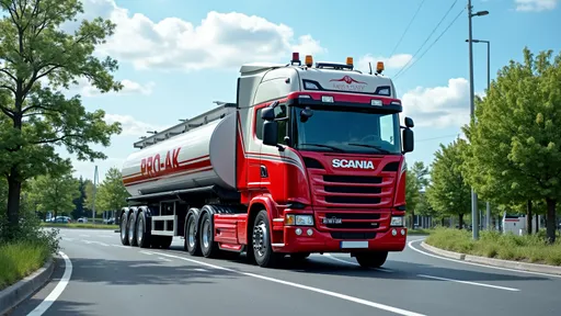 Prompt: A striking red and white Scania R 730 truck stands prominently in a well-maintained urban setting, equipped with a tanker trailer marked with the word "PRO-AK." The truck, nearly facing the viewer, showcases its impressive build and shiny details against a backdrop of lush green trees and a blue sky with scattered clouds. The scene is bathed in natural light, highlighting the vehicle's polished surface, while the road is neatly drawn with clear lane markings, suggesting a semi-urban atmosphere. Surrounding the area are lampposts and vegetation, creating a harmonious blend of industrial and natural elements, enhancing the overall mood of efficiency and readiness for the journey ahead.