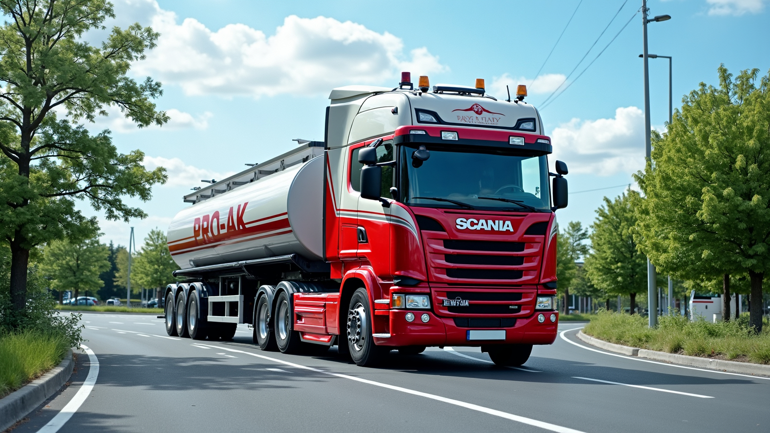 Prompt: A striking red and white Scania R 730 truck stands prominently in a well-maintained urban setting, equipped with a tanker trailer marked with the word "PRO-AK." The truck, nearly facing the viewer, showcases its impressive build and shiny details against a backdrop of lush green trees and a blue sky with scattered clouds. The scene is bathed in natural light, highlighting the vehicle's polished surface, while the road is neatly drawn with clear lane markings, suggesting a semi-urban atmosphere. Surrounding the area are lampposts and vegetation, creating a harmonious blend of industrial and natural elements, enhancing the overall mood of efficiency and readiness for the journey ahead.
