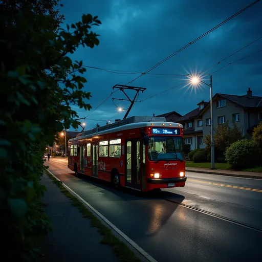 Prompt: A red and white trolleybus, numbered 314, stands parked alongside a road under a darkening sky, suggesting it’s nighttime. The vehicle showcases its overhead wires, essential for its electric operation, while casting subtle reflections on the asphalt. In the background, residential buildings are partially illuminated, hinting at the urban environment surrounding this transit scene. Streetlights emit a soft glow, striking a contrast against the night while the nearby green foliage enhances the composition’s depth. The overall atmosphere conveys a blend of functionality and quiet solitude typical of a late-night public transport setting.