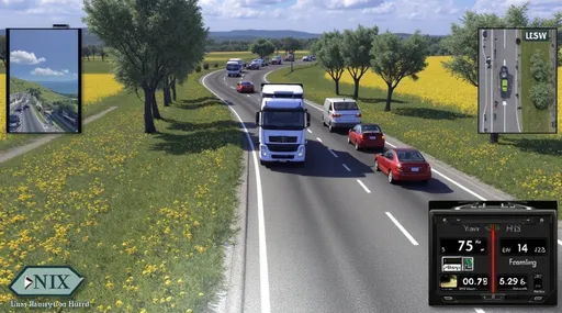 Prompt: A busy road stretches ahead, dominated by a large truck navigating through a line of smaller vehicles, each changing lanes amidst lush green fields dotted with trees. Bright yellow flowers punctuate the landscape, contrasting with the vibrant blue skies scattered with fluffy white clouds, suggesting a sunny day. The composition captures the essence of a bustling travel scene, with the truck and cars framing the road's gentle curves. In the corner, a navigation display indicates ongoing travel details, enhancing the immersive driving experience. This scene conveys a sense of movement and the everyday rhythms of road travel, evoking both tranquility and the hustle of the journey.
