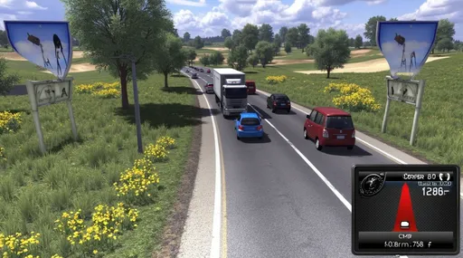 Prompt: A busy road stretches ahead, dominated by a large truck navigating through a line of smaller vehicles, each changing lanes amidst lush green fields dotted with trees. Bright yellow flowers punctuate the landscape, contrasting with the vibrant blue skies scattered with fluffy white clouds, suggesting a sunny day. The composition captures the essence of a bustling travel scene, with the truck and cars framing the road's gentle curves. In the corner, a navigation display indicates ongoing travel details, enhancing the immersive driving experience. This scene conveys a sense of movement and the everyday rhythms of road travel, evoking both tranquility and the hustle of the journey.