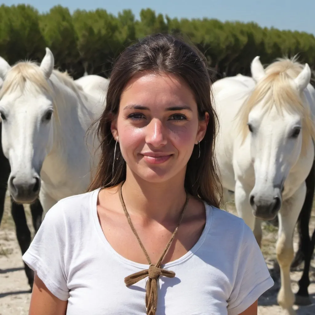 Prompt: Cute woman gardian, in camargue, mas