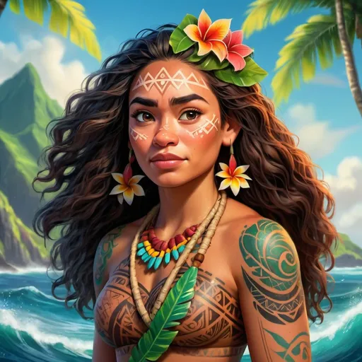 Prompt: Moana-inspired digital painting of a courageous Polynesian heroine, vibrant tropical setting, ocean waves crashing against a lush island, traditional island attire with vibrant colors, intricate tribal tattoos, determined and adventurous expression, high-quality digital painting, realistic, vibrant colors, tropical lighting