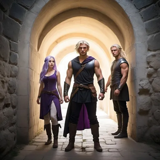 Prompt: tunel, uder the ground, with magic torch on the walls. There is a woman with half black-half purple hair. Young man with blonde hair. Bigger man with blonde hair and a lot of muscles. They stand separately. All of them are dressed like in the middle ages. Legends style