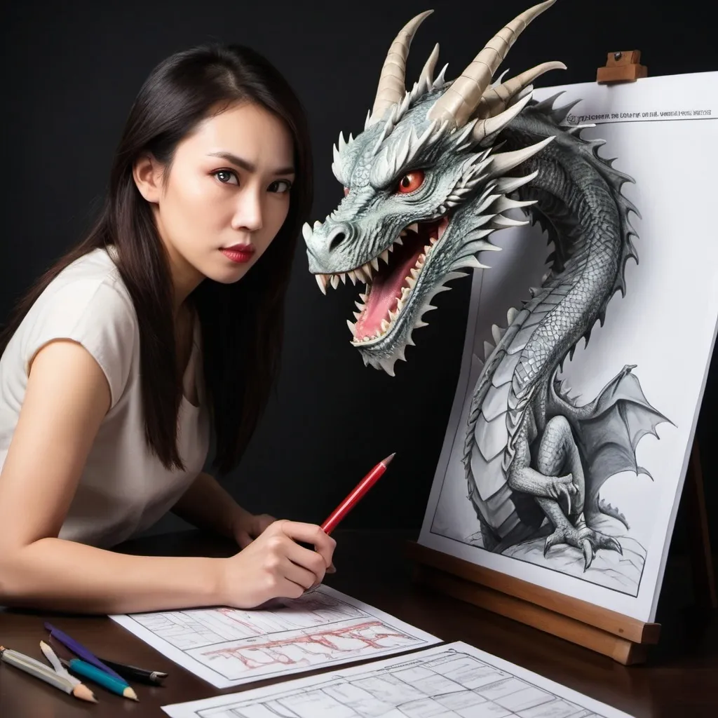 Prompt: a lady creating plan to kill dragon with a picture of dragon facing fron