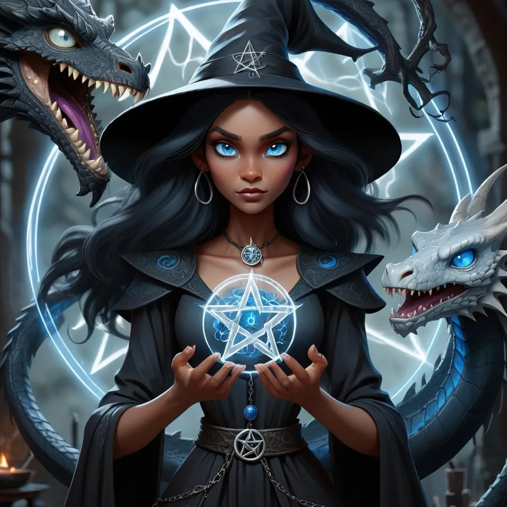 Prompt: Detailed digital illustration of a black magic witch with blue eyes, black hair, white skin, standing with a dragon, casting a spell on a pentagram, mystical and mysterious, high quality, digital art, fantasy, dark tones, atmospheric lighting, detailed eyes, mystical dragon, pentagram, witchcraft, professional, magical