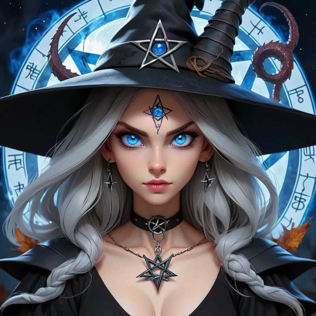 Prompt: black magic witch with blue eyes der dragon and pentagram