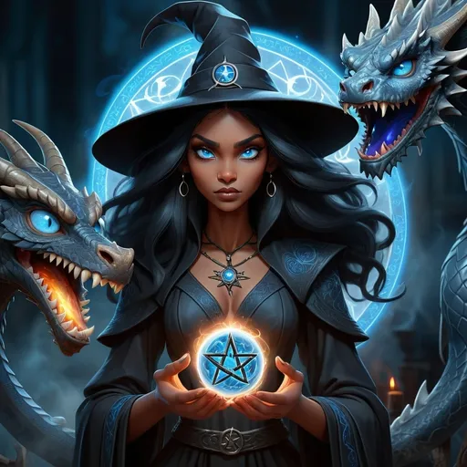 Prompt: Detailed digital illustration of a black magic witch with blue eyes, black hair, standing with a dragon, casting a spell on a pentagram, mystical and mysterious, high quality, digital art, fantasy, dark tones, atmospheric lighting, detailed eyes, mystical dragon, pentagram, witchcraft, professional, magical