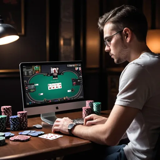 Prompt: A guy sitting and playing online poker on his desktop