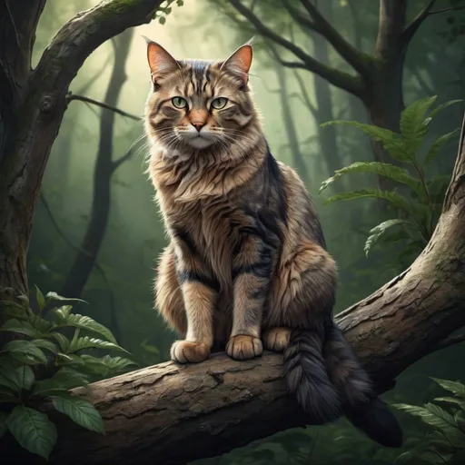 Prompt: Detailed illustration of a melancholic cat, perched on a tree branch, surrounded by lush forest, high quality, realistic, emotional, woodland, detailed fur, expressive eyes, moody lighting