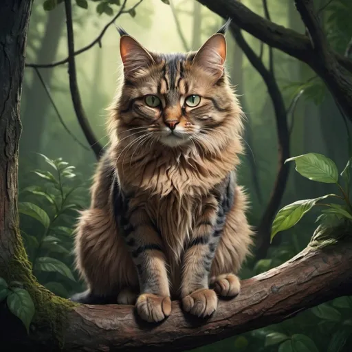 Prompt: Detailed illustration of a melancholic cat, perched on a tree branch, surrounded by lush forest, high quality, realistic, emotional, woodland, detailed fur, expressive eyes, moody lighting