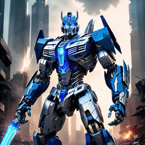 Prompt: A giant humanoid robot inspired by Transformers, highly detailed mechanical armor, futuristic cybernetic design, metallic blue and silver color scheme, glowing energy core on the chest, powerful muscular build, standing heroically with one arm holding a massive energy sword, other arm resting at side, battle-ready pose. Background: destroyed futuristic city, smoky atmosphere, sparks and debris flying, cinematic lighting, ultra realistic, 8K detailed textures, highly dynamic composition.

