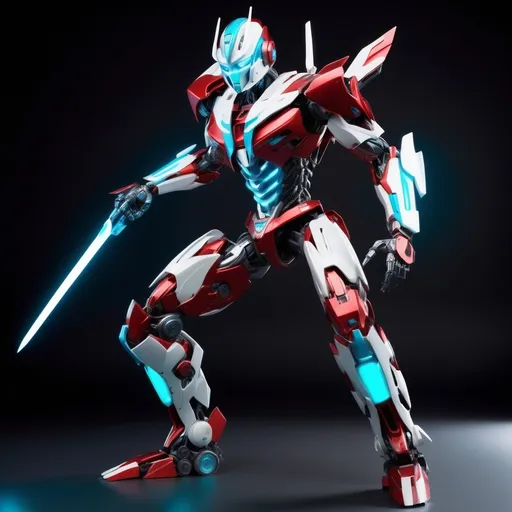 Prompt: A sleek, agile humanoid robot inspired by Transformers, designed like a futuristic cyber ninja. Slim but muscular build, metallic red and white armor plates with glowing cyan highlights, aerodynamic shapes, sharp edges, wearing a high-tech helmet with a glowing visor, dynamic crouched battle-ready pose as if ready to dash forward. One arm equipped with an energy katana, the other with a retractable energy shield. Background: futuristic urban alley at night with neon lights and rain reflections, cinematic atmosphere, highly detailed, ultra realistic, sharp focus.



