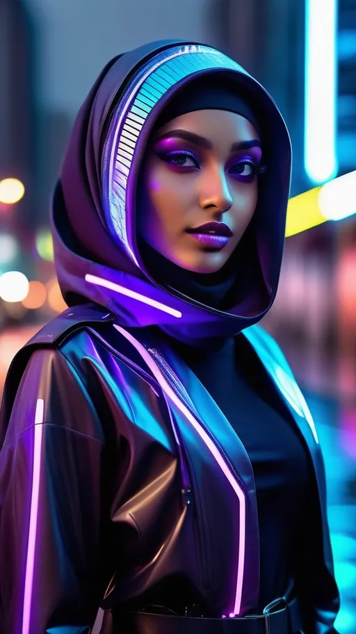 Prompt: A stunning young Muslim woman with a bold and fierce aura, wearing a sleek black and neon purple hijab styled in a futuristic cyberpunk fashion, glowing LED lines embedded into the hijab fabric, high-tech visor covering one eye, edgy metallic jacket with holographic panels, layered with utility belts and tech gadgets, standing confidently in a neon-lit rainy city street full of holographic billboards and flying cars, urban cyberpunk atmosphere, cinematic lighting, ultra realistic, highly detailed, sharp focus.













