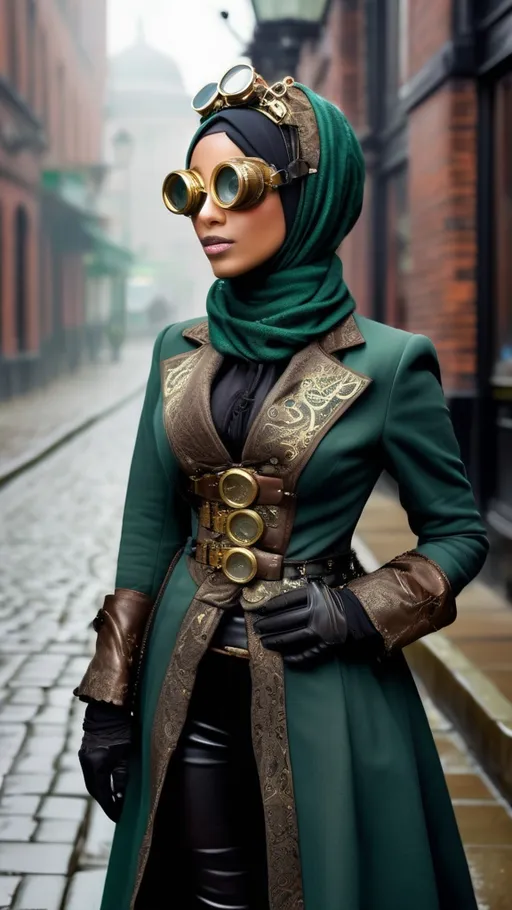 Prompt: A gorgeous Muslim woman with a sophisticated and mysterious aura, wearing an elegant dark bronze and deep green hijab adorned with steampunk-inspired gear embellishments, vintage brass goggles resting on her forehead, Victorian-style long coat with intricate gold embroidery and layered ruffles, leather corset belt with small pouches, standing gracefully in a foggy cobblestone street surrounded by steam-powered machinery and vintage airships in the sky, warm golden hour lighting, ultra realistic, highly detailed, richly textured atmosphere.
